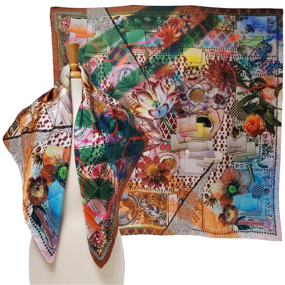 CHRISTIAN LACROIX SILK SCARF LOVE NOTES FLOWERS PRINT FOULARD SQUARE 35"